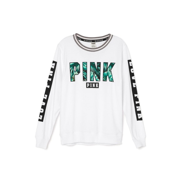 Victoria’s Secret PINK Collegiate Crew Neck Sweat Shirt Top Tropical Fern Palm S - Picture 6 of 8